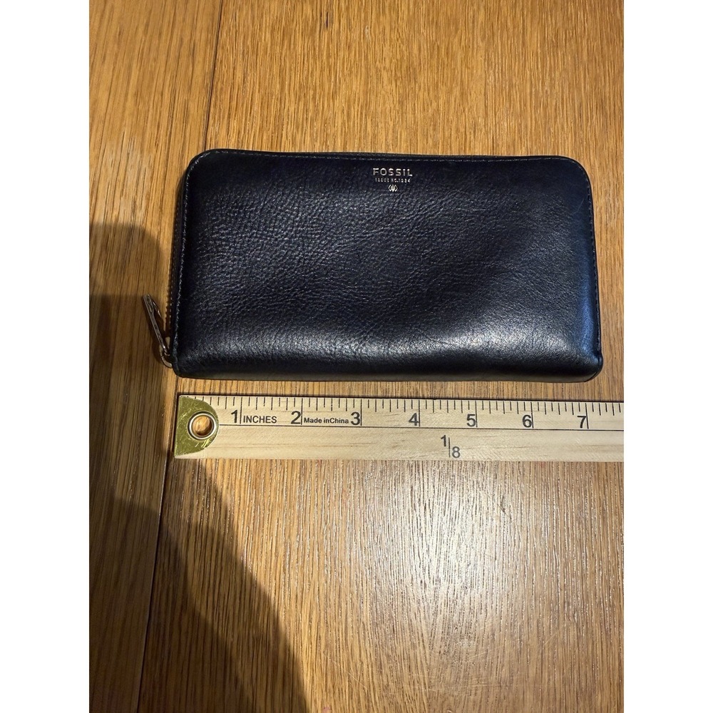 Fossil Black Leather Zip Around Wallet Cowhide Continental Organizer Slim - Picture 8 of 9